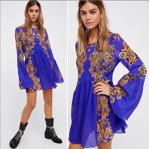 Free People NWOT Intimately Bell Sleeve Symphony Slip Dress Royal Blue Sheer M